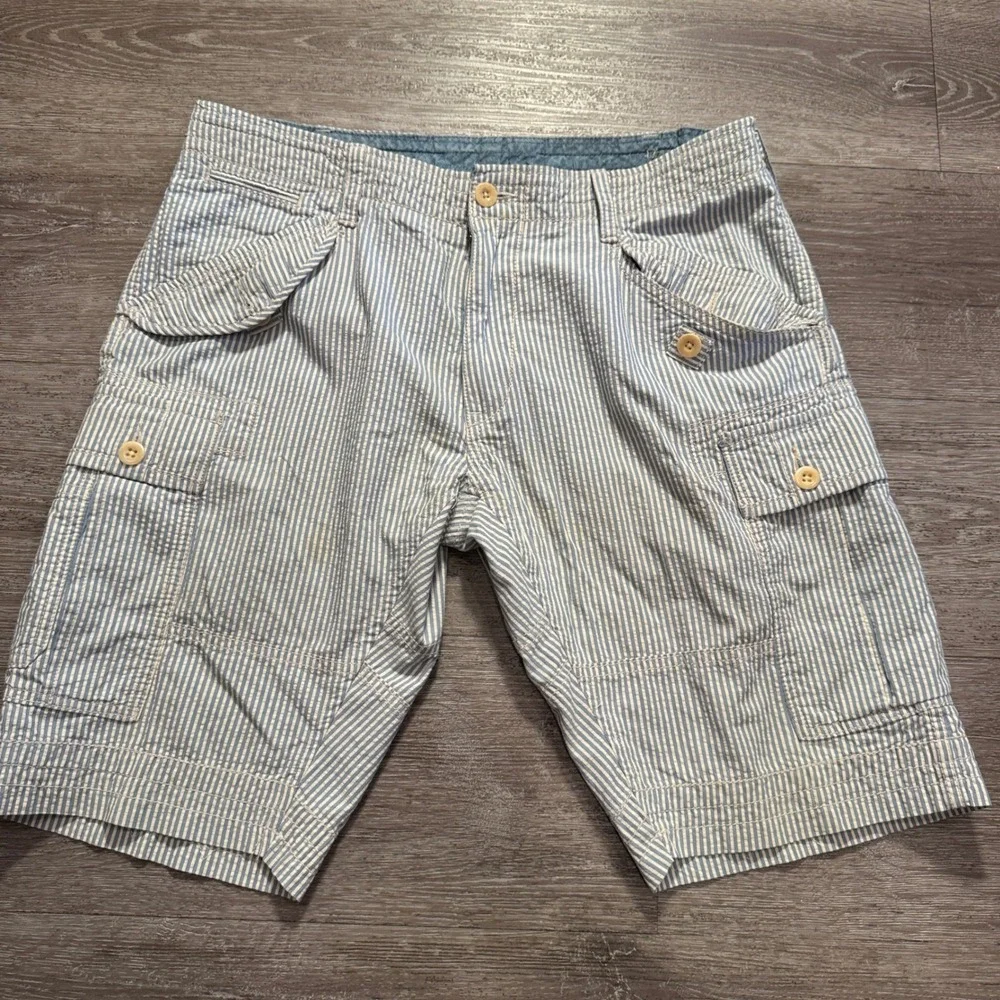Polo Ralph Lauren Cargo Shorts Mens 32 Blue White Striped Seersucker Cotton Y2K